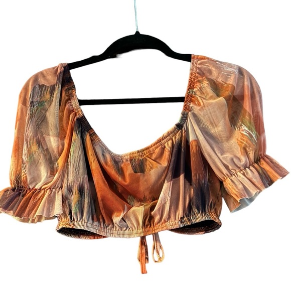 Pretty Little Thing Orange Printed Mesh Tie Front, Puff Sleeve Bralette. Size 6. - Picture 4 of 6